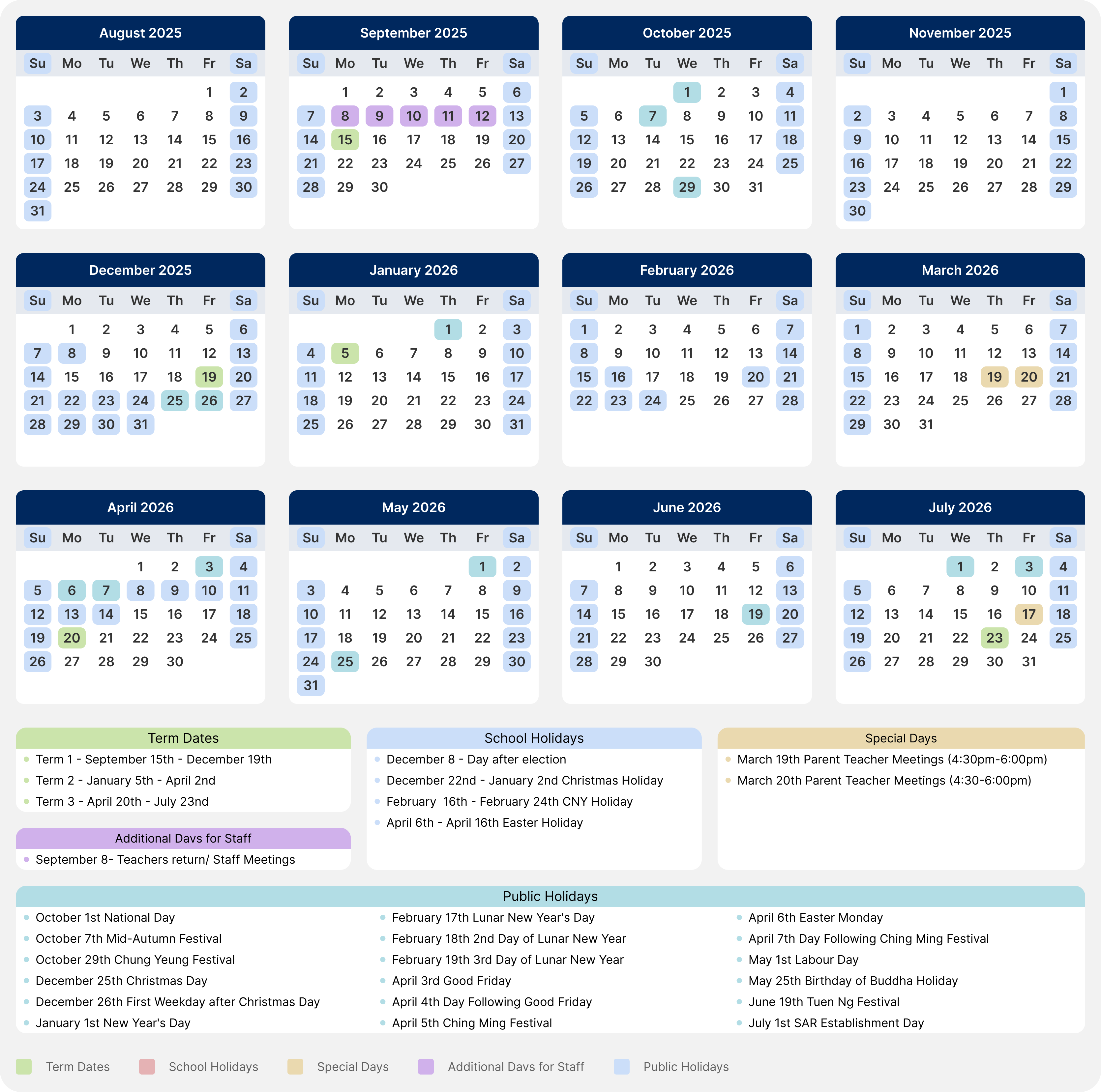 Hong Kong Limai School 2025/26 School Calendar